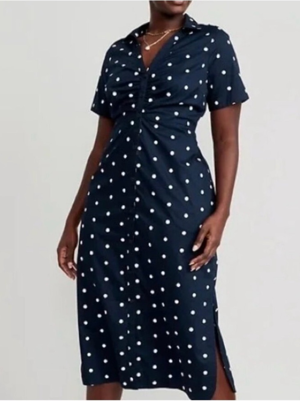 Navy Blue Polka Dot 2x Cutout Waist Midi Dress